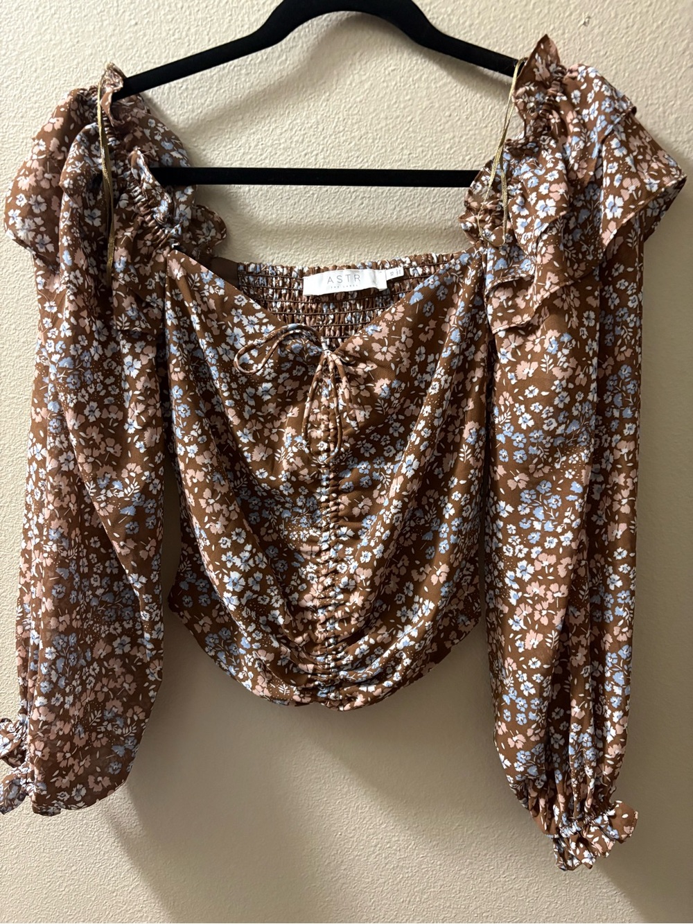 Astr Brown Floral Ruched Off-Shoulder Blouse